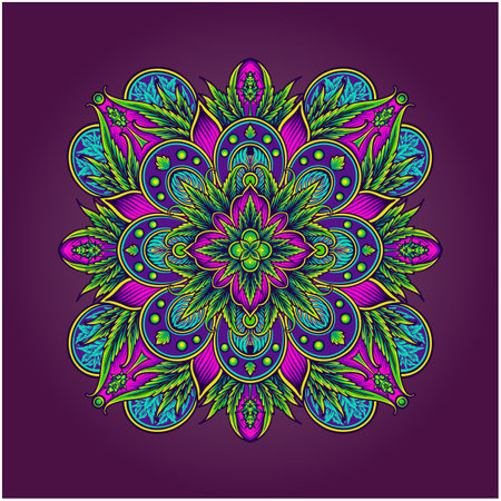 Intricate cannabis mandala ornament sacred geometric illustrations vector illustrations for your work logo, merchandise t-shirt, stickers and label designs, poster, greeting cards advertising business company or brandsのイラスト素材