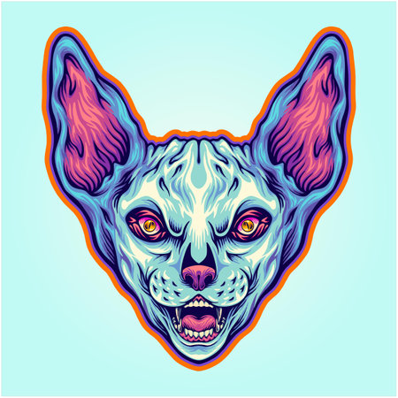 Playful sphynx cat head with grinning face vector illustrations for your work logo, merchandise t-shirt, stickers and label designs, poster, greeting cards advertising business company or brandsのイラスト素材