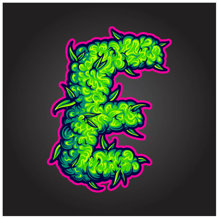 Bold monogram initial E marijuana bud detail vector illustrations for your work logo, merchandise t-shirt, stickers and label designs, poster, greeting cards advertising business company or brandsのイラスト素材