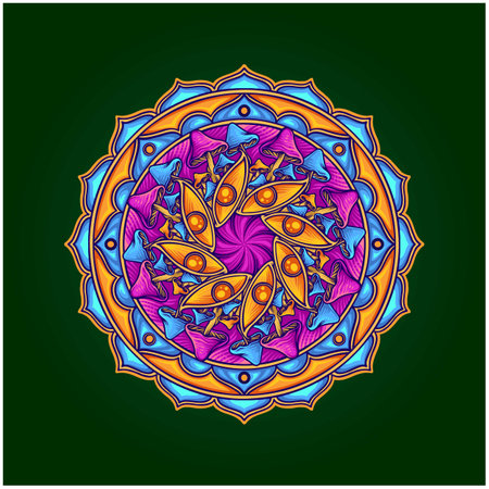 Enchanting psychedelic mushroom mandala ornament vector illustrations for your work logo, merchandise t-shirt, stickers and label designs, poster, greeting cards advertising business company or brandsのイラスト素材