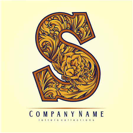 Engraved elegance monogram S with flowers detail vector illustrations for your work logo, merchandise t-shirt, stickers and label designs, poster, greeting cards advertising business company or brandsのイラスト素材