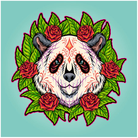 Floral ornament panda head dia de los muertos vector illustrations for your work logo, merchandise t-shirt, stickers and label designs, poster, greeting cards advertising business company or brandsのイラスト素材