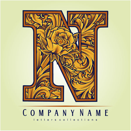Classic floral engraved N monogram letter vector illustrations for your work logo, merchandise t-shirt, stickers and label designs, poster, greeting cards advertising business company or brandsのイラスト素材