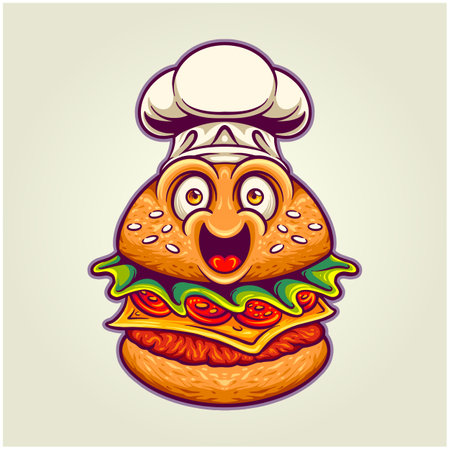 Funny food burger chef delicious vector illustrations for your work logo, merchandise t-shirt, stickers and label designs, poster, greeting cards advertising business company brandのイラスト素材