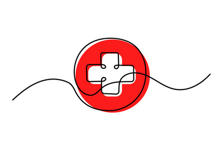 Continuous line drawing of medical health care cross. Continuous line drawing. Hospital sign. Vector illustration. One line drawing background.のイラスト素材