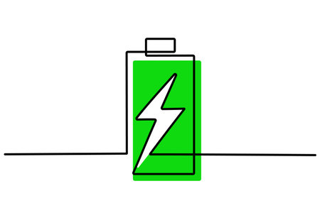 Continuous line art energy power storage electric rechargeable supply. Charging battery icon symbol industry technology concept. Hand drawing sketch vector illustration.のイラスト素材