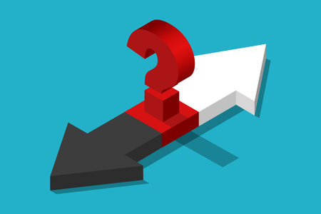 Isometric black and white arrows, opposite directions and red question mark. Mediation, individuality, separation and relationship concept. Flat design with long shadow. Vector illustration.のイラスト素材