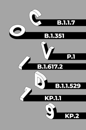 Vector graphic featuring the text COVID 19 with corresponding COVID-19 variant names and codes, such...