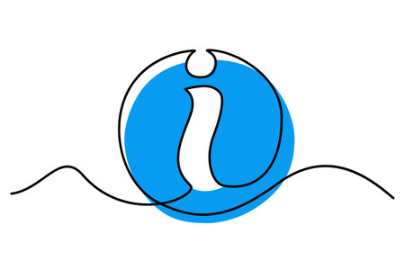 Minimalistic blue information symbol design with a flowing line element, representing a concept of knowledge, guidance, or help in a modern and abstract style.のイラスト素材