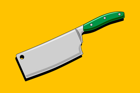 Meat cleaver knife with a green handle isolated on a yellow background. Butcher knife, kitchen cleaver knife for meat. vector illustration. Professional kitchen utensils.のイラスト素材