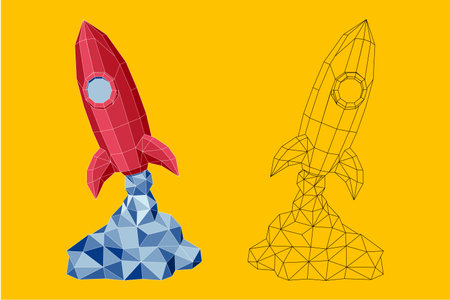 Low poly polygonal colorful space rocket symbol illustration. Vector space rocket icon filled with triangles. Low-poly space rocket is designed with scattered triangles.のイラスト素材