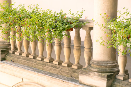 Tourist woman in red dress with scenic view on Piazza delle Erbe from loggia, external balcony of Palazzo della Ragione in Padua, Veneto, Italy, Europe.の写真素材