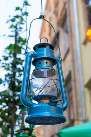 Old blue gas lamp on the street.の写真素材
