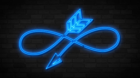 Infinity sign from glowing blue arrow neon line. Isolated on brick wall.の写真素材