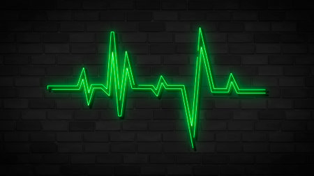 Heartbeat, heart pulse simple icon isolated on brick wall. Flat desing. Green neon on dark background.の写真素材