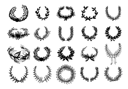 Set of gold award laurel wreaths and branches on white background, vector illustrationのイラスト素材