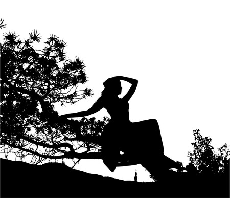 Vector silhouette  illustration of yang sexy girl sitting on the treeのイラスト素材