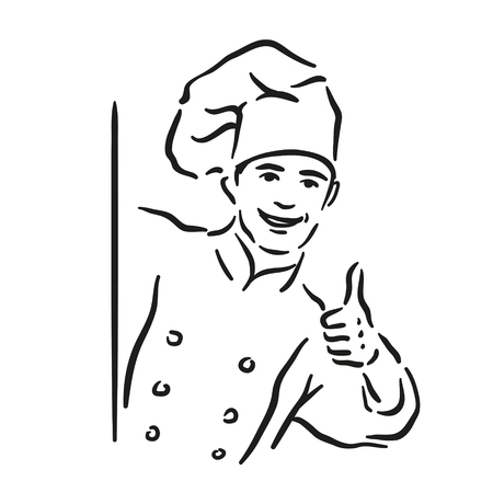 Monochrome vector  illustration of whiskered chef isolated on white backgroundのイラスト素材
