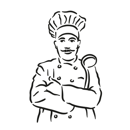 Monochrome vector  illustration of whiskered chef isolated on white backgroundのイラスト素材