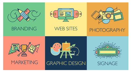 Creative design process concept with web studio development elements. Flat line icons modern style vector illustration set.のイラスト素材