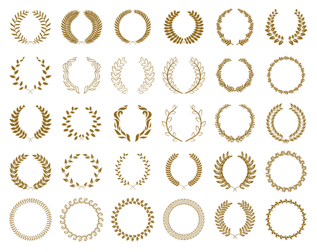 Set of gold award laurel wreaths and branches on white background, vector illustrationのイラスト素材