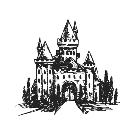 Authentic Castle tower hand drawn vector silhouette illustrationのイラスト素材
