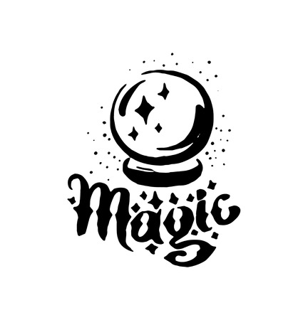 Vector hand drawn Witch and magic item crystal ball illustration on white background.のイラスト素材