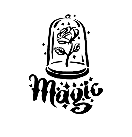 Vector hand drawn Witch and magic item rose in a flask illustration on white background.のイラスト素材