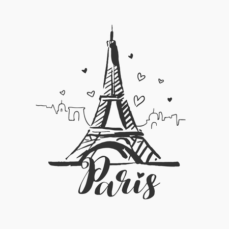 Vector hand drawn illustration of Paris famous building silhouette on white background.のイラスト素材