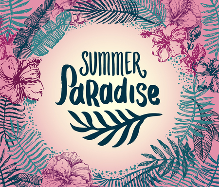 Vector hand drawn Summer time quote lettering illustration with tropical elementsのイラスト素材