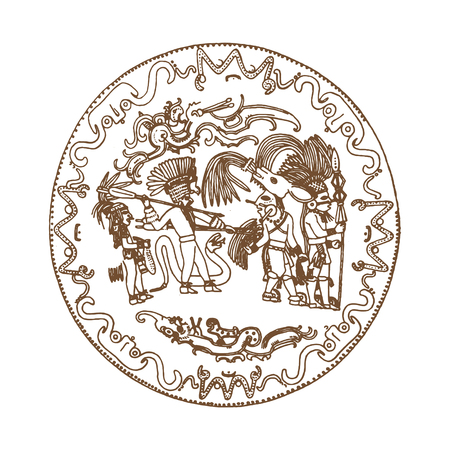 Vintage graphic maya glyphs, inca and aztec zodiac ornaments and symbols in old american indian style.Vector illustration and doodle drawing for design.のイラスト素材