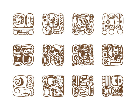Vintage graphic maya glyphs, inca and aztec zodiac ornaments and symbols in old american indian style.Vector illustration and doodle drawing for design.のイラスト素材