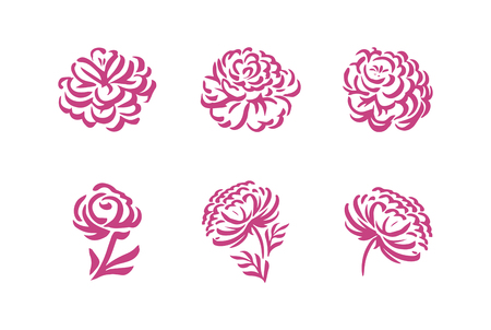 Vector silhouettes of hand drawn peony flowers isolated on white background illustrationのイラスト素材