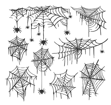 Collection of Cobweb isolated transparent background. Spiderweb for Halloween design. Spider web elements spooky scary horror halloween decor. Hand drawn silhouette vector illustrationのイラスト素材