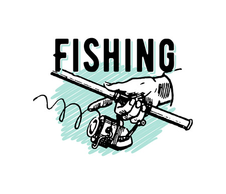 Vector elegant vintage retro Fishing hand drawn illustration isolated on white backgroundのイラスト素材
