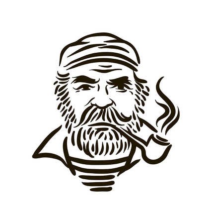 Hand Drawn vintage hipster sailor with thick beard and pipeのイラスト素材
