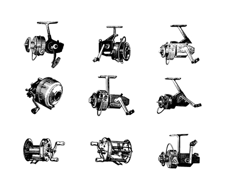 Hand drawn highly detailed fishing reel vector icon illustration on white backgroundのイラスト素材