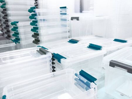White transparent Plastic food containers on the shelfの写真素材