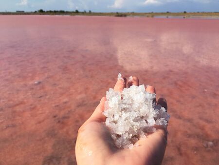 Close up Himalayan pink salt crystal in naturalの写真素材