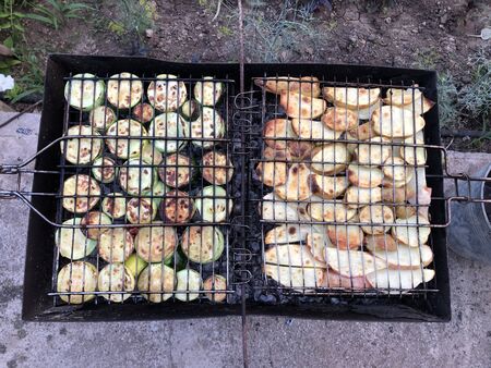 Homemade vegetables zucchini and potatoes grilled in the gardenの写真素材