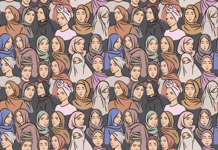 Muslim arabic islam woman in hijab and abaya seamless patternのイラスト素材