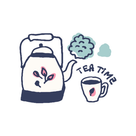 Tea and cup in cute cozy hugge cartoon style illustrationのイラスト素材