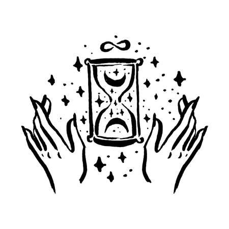 Mysticism witchcraft occult hourglass hand drawn illustration setのイラスト素材