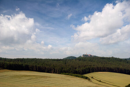 Landscape Thuringia with cultivation of grain in front of castle Leuchtenburgのeditorial素材