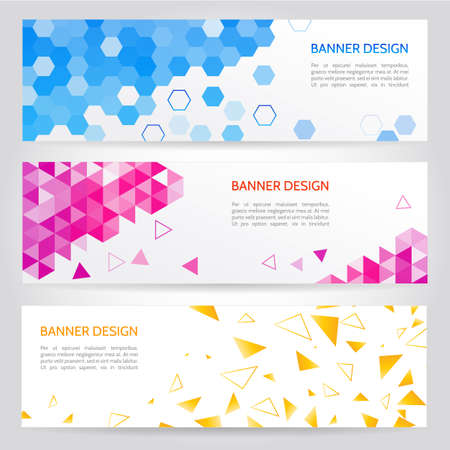 Banners set with hexagon and triangle design elements. Colorful abstract banners. Abstract web banner with geometric shape backgroundのイラスト素材