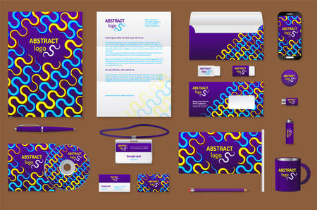 Corporate identity branding template. Business documentation.
Business stationery mock-up with logo. Purple background and colorful zigzags. Pen and pencil, phone, document, badge, letter, envelopeのイラスト素材