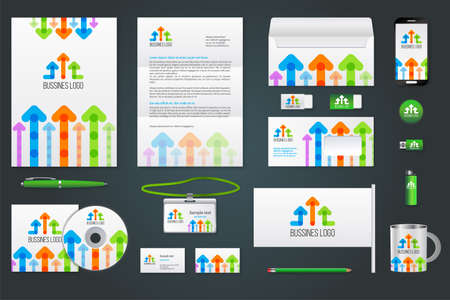 Abstract colorful arrows. Corporate identity branding template. Business documentation.
Business stationery mock-up with logo. Pen and pencil, phone, document, badge, letter, envelopeのイラスト素材