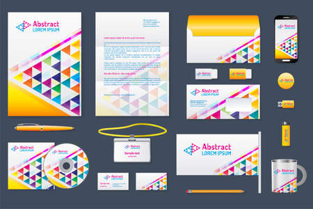 Corporate identity branding template. Business documentation.
Business stationery mock-up with logo. Yellow and triangular colorful background. Pen and pencil, phone, document, badge, letter, envelopeのイラスト素材