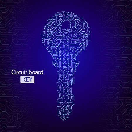 Circuit board key icon on the digital high tech style. Security concept. Abstract techno key. Vector background eps 10.のイラスト素材