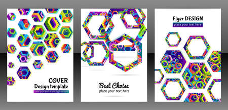 Geometric hexagon shape brochure background. Chaotic colorful cover report design. Modern hexagon pattern flyer. Colorful mixed geometric shapes for folder. Vector eps 10のイラスト素材